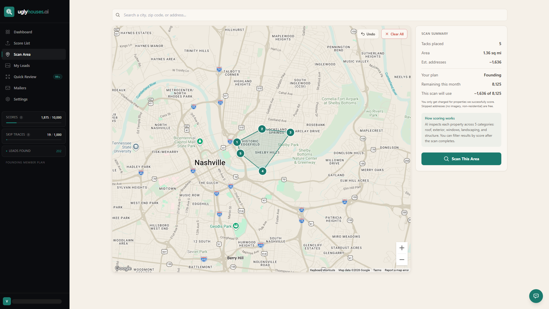 UglyHouses.ai dashboard — scan area with AI-scored properties